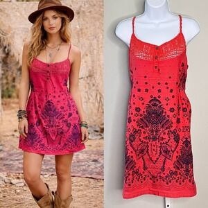 Free People Summer Boho Crochet Mini Dress Size 4 Red Beads Linen Blend Strappy